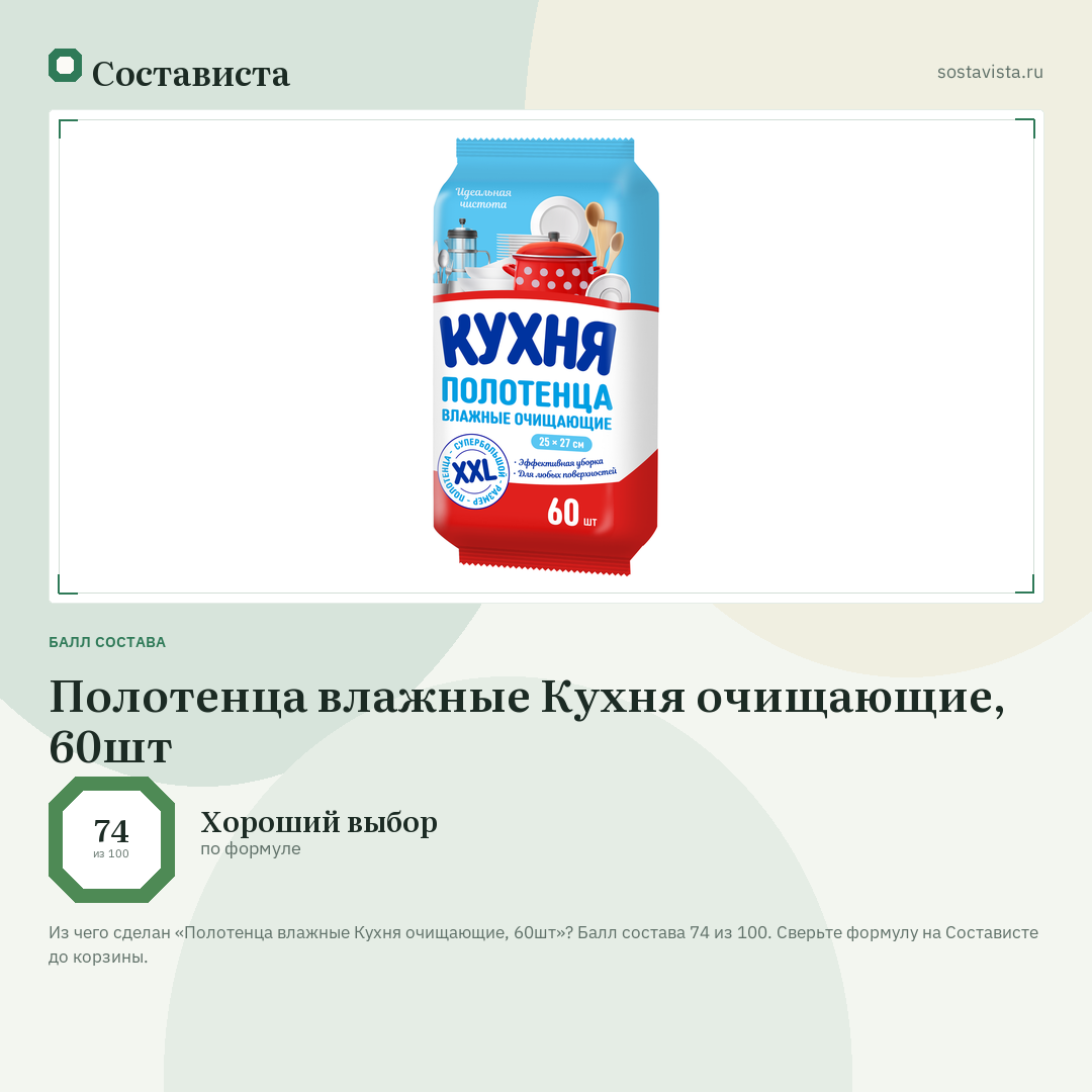 Полотенца влажные Кухня очищающие, 60шт: балл состава 74 из 100 — Состависта