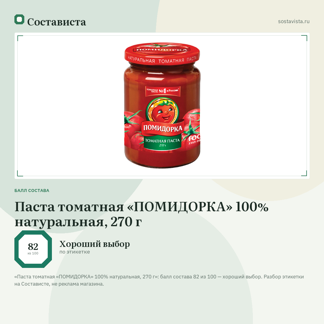 Паста томатная «ПОМИДОРКА» 100% натуральная, 270 г: балл состава 82 из 100 — Состависта