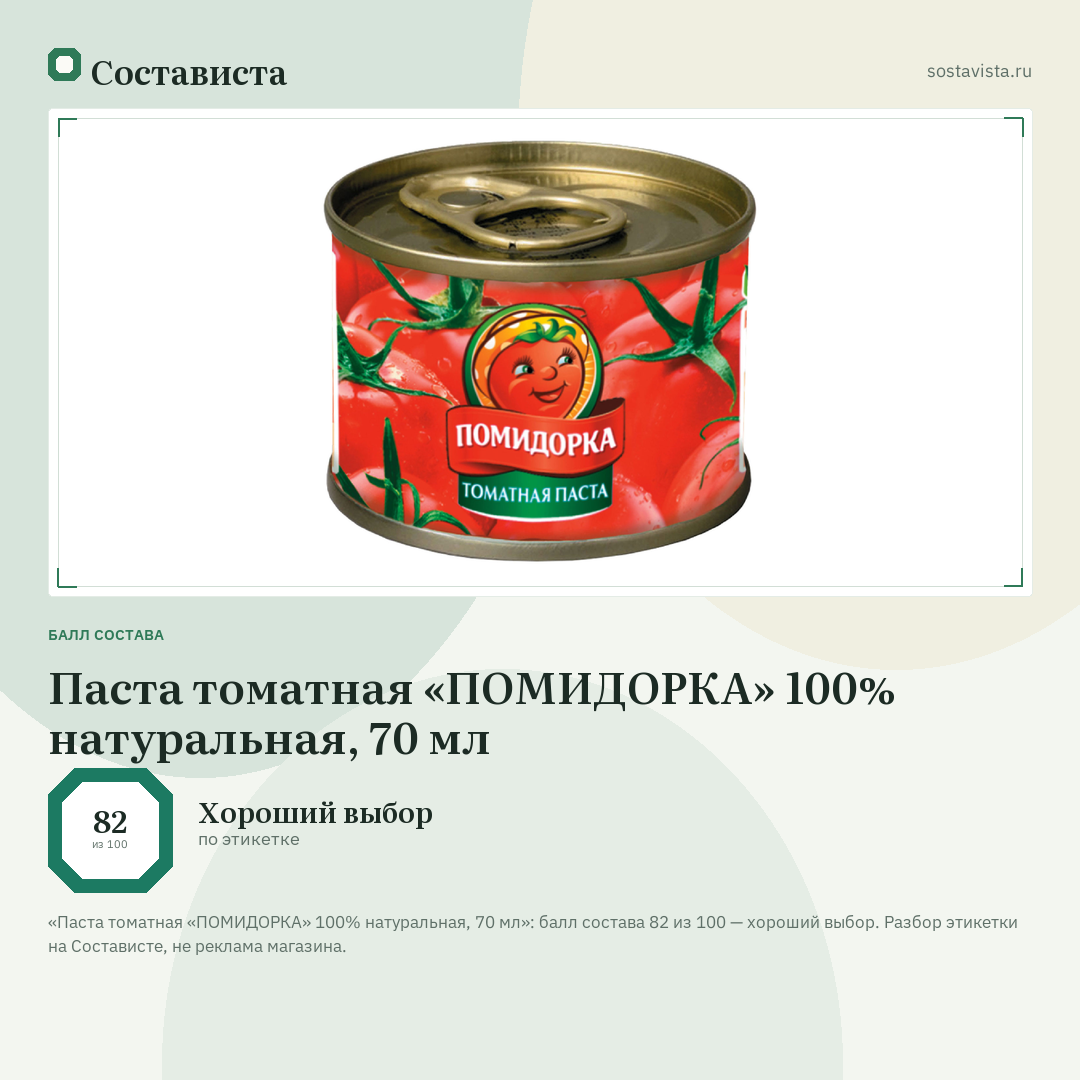 Паста томатная «ПОМИДОРКА» 100% натуральная, 70 мл: балл состава 82 из 100 — Состависта