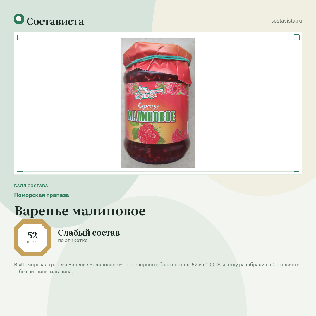 Поморская трапеза Варенье малиновое: балл состава 52 из 100 — Состависта