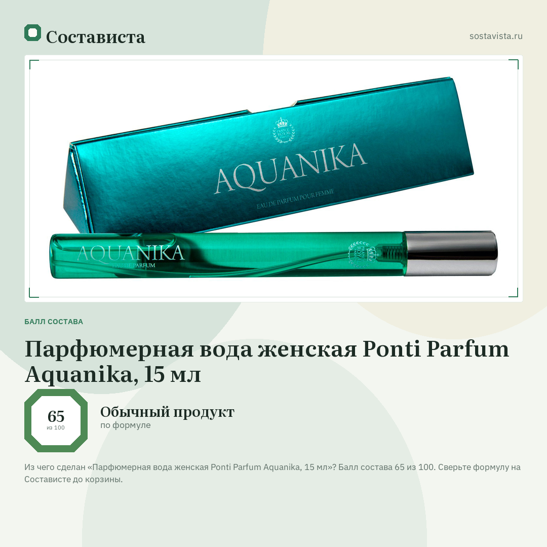 Парфюмерная вода женская Ponti Parfum Aquanika, 15 мл: балл состава 65 из 100 — Состависта