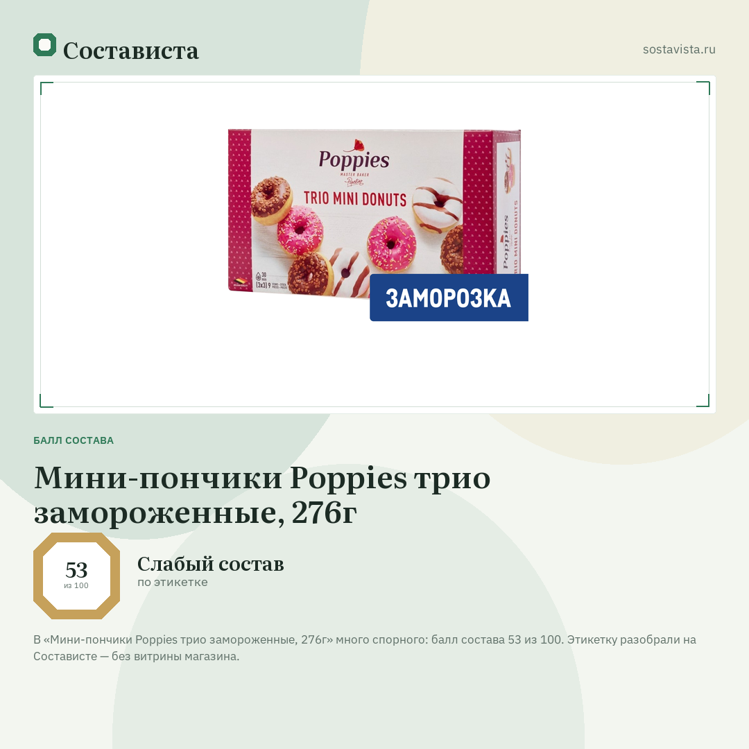 Мини-пончики Poppies трио замороженные, 276г: балл состава 53 из 100 — Состависта
