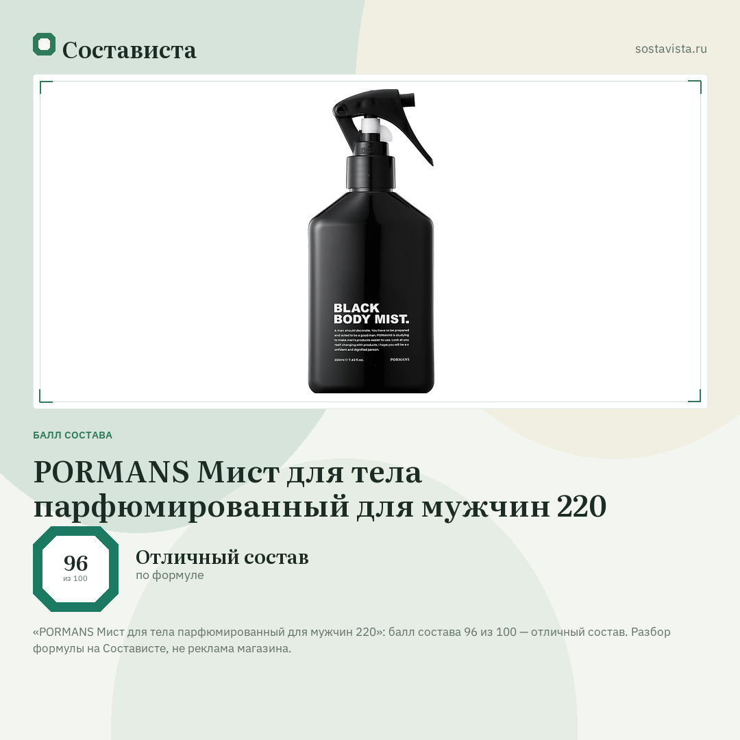 PORMANS Мист для тела парфюмированный для мужчин 220: балл состава 96 из 100 — Состависта