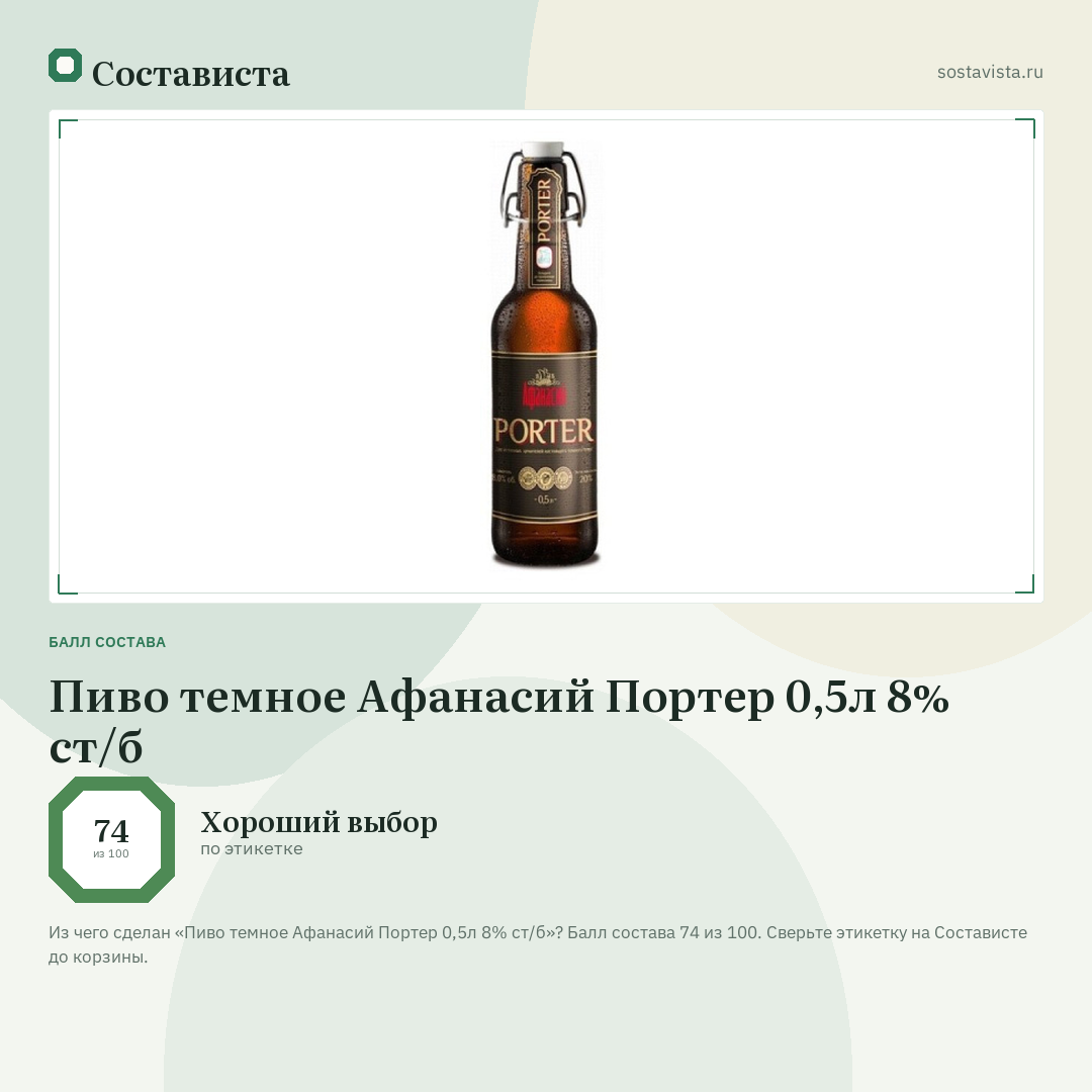 Пиво темное Афанасий Портер 0,5л 8% ст/б: балл состава 74 из 100 — Состависта