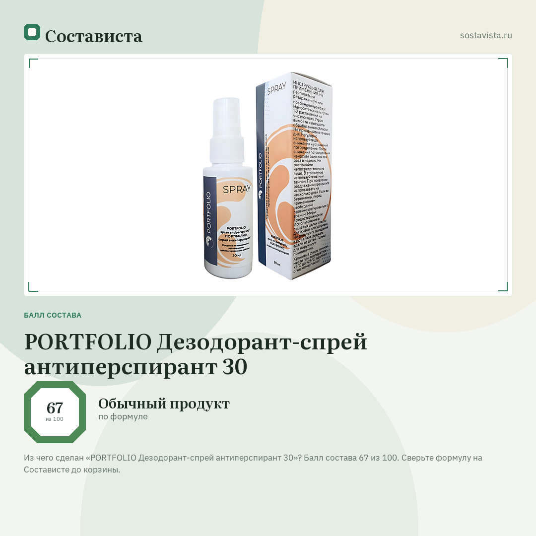 PORTFOLIO Дезодорант-спрей антиперспирант 30: балл состава 67 из 100 — Состависта