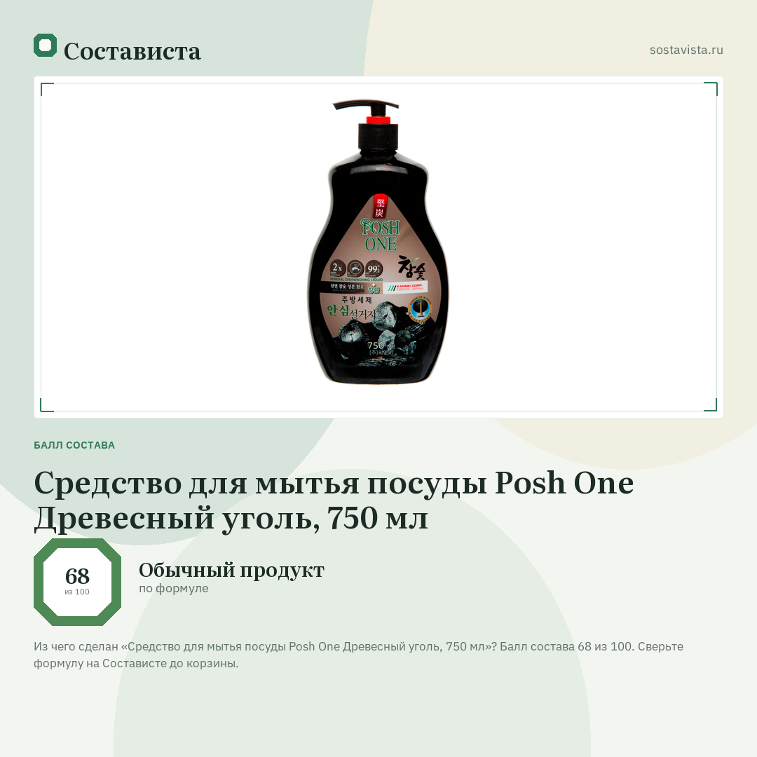 Средство для мытья посуды Posh One Древесный уголь, 750 мл: балл состава 68 из 100 — Состависта