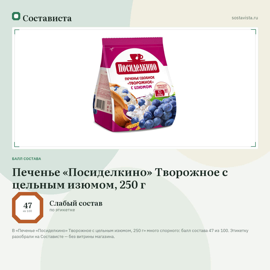 Печенье «Посиделкино» Творожное с цельным изюмом, 250 г: балл состава 47 из 100 — Состависта