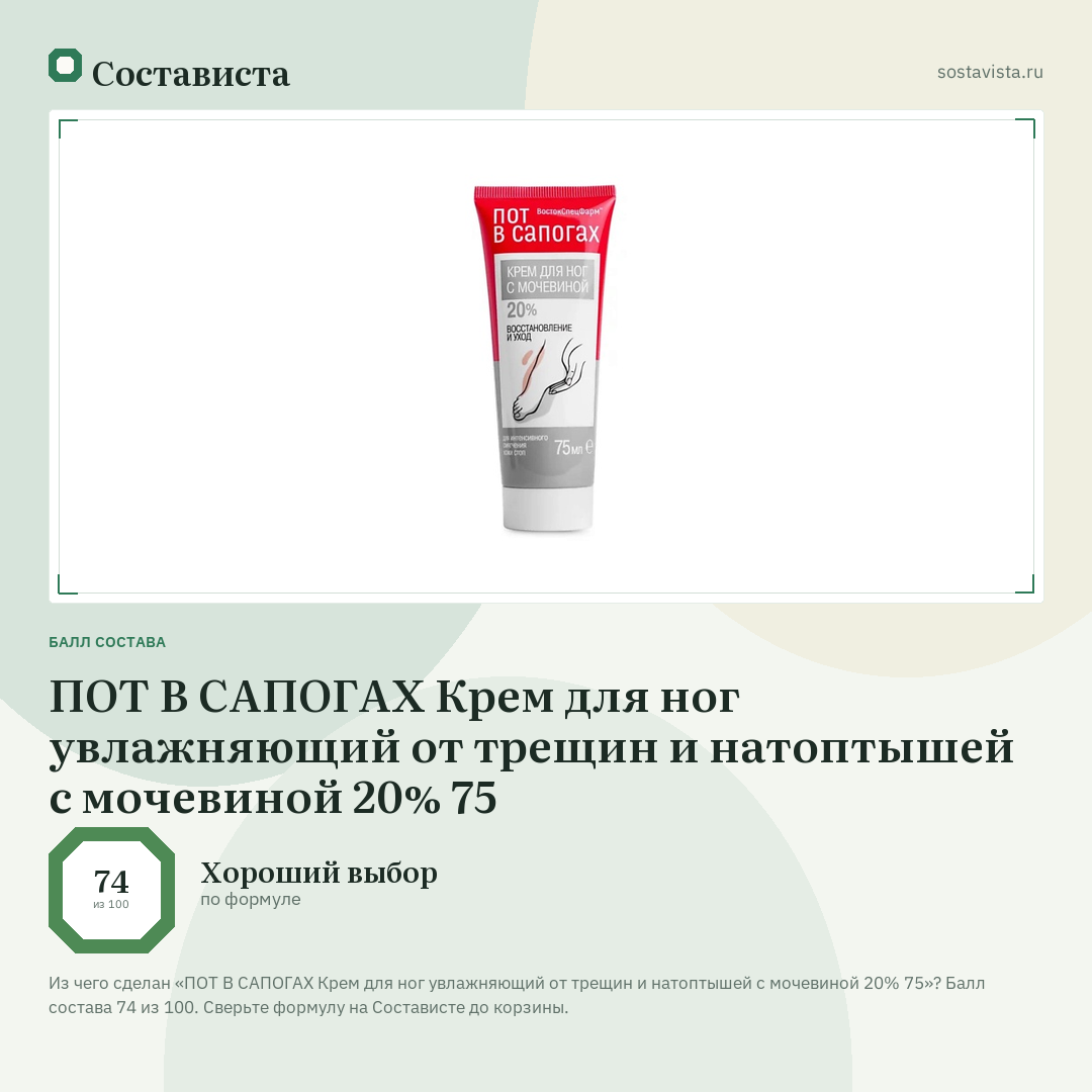 ПОТ В САПОГАХ Крем для ног увлажняющий от трещин и натоптышей с мочевиной 20% 75: балл состава 74 из 100 — Состависта