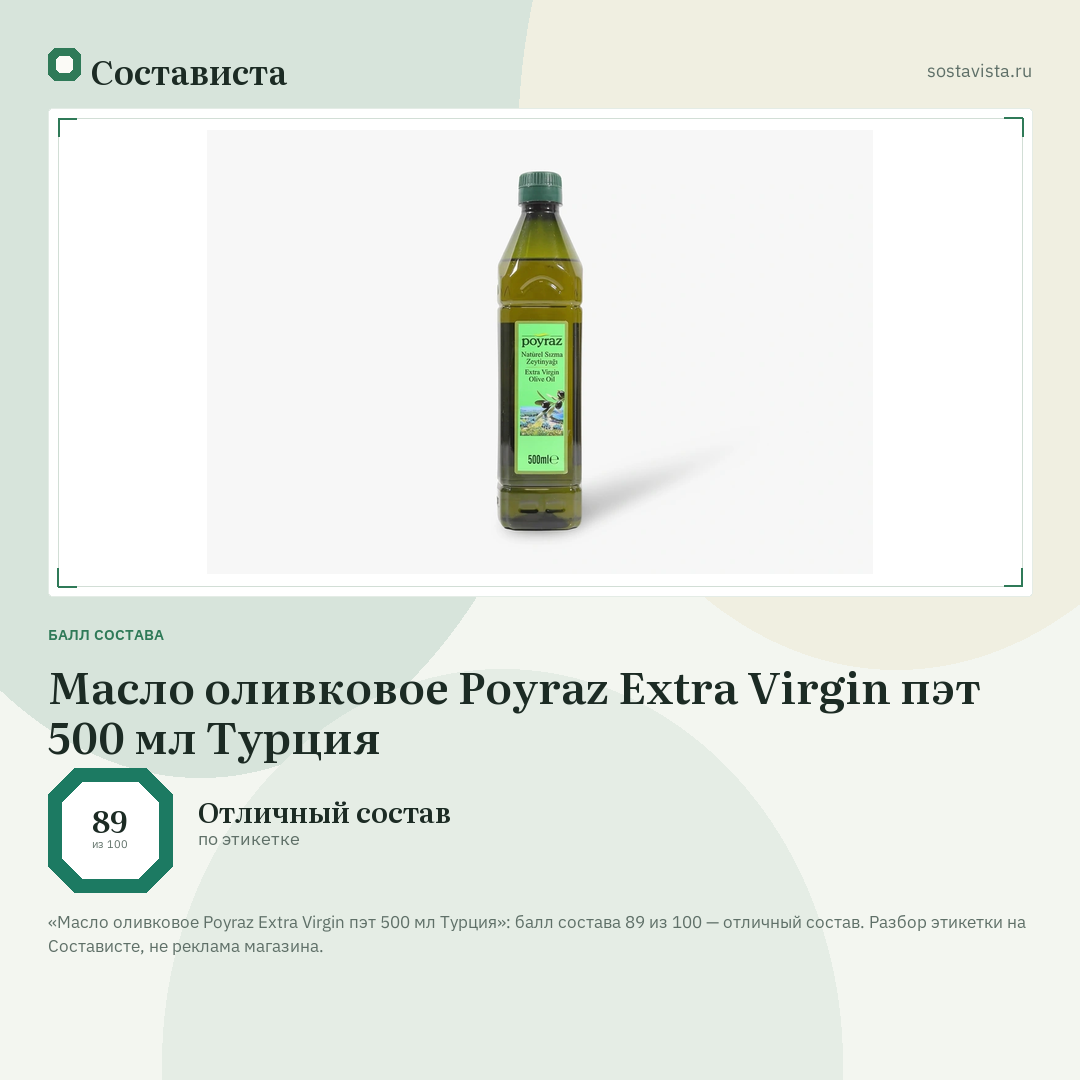 Масло оливковое Poyraz Extra Virgin пэт 500 мл Турция: балл состава 89 из 100 — Состависта
