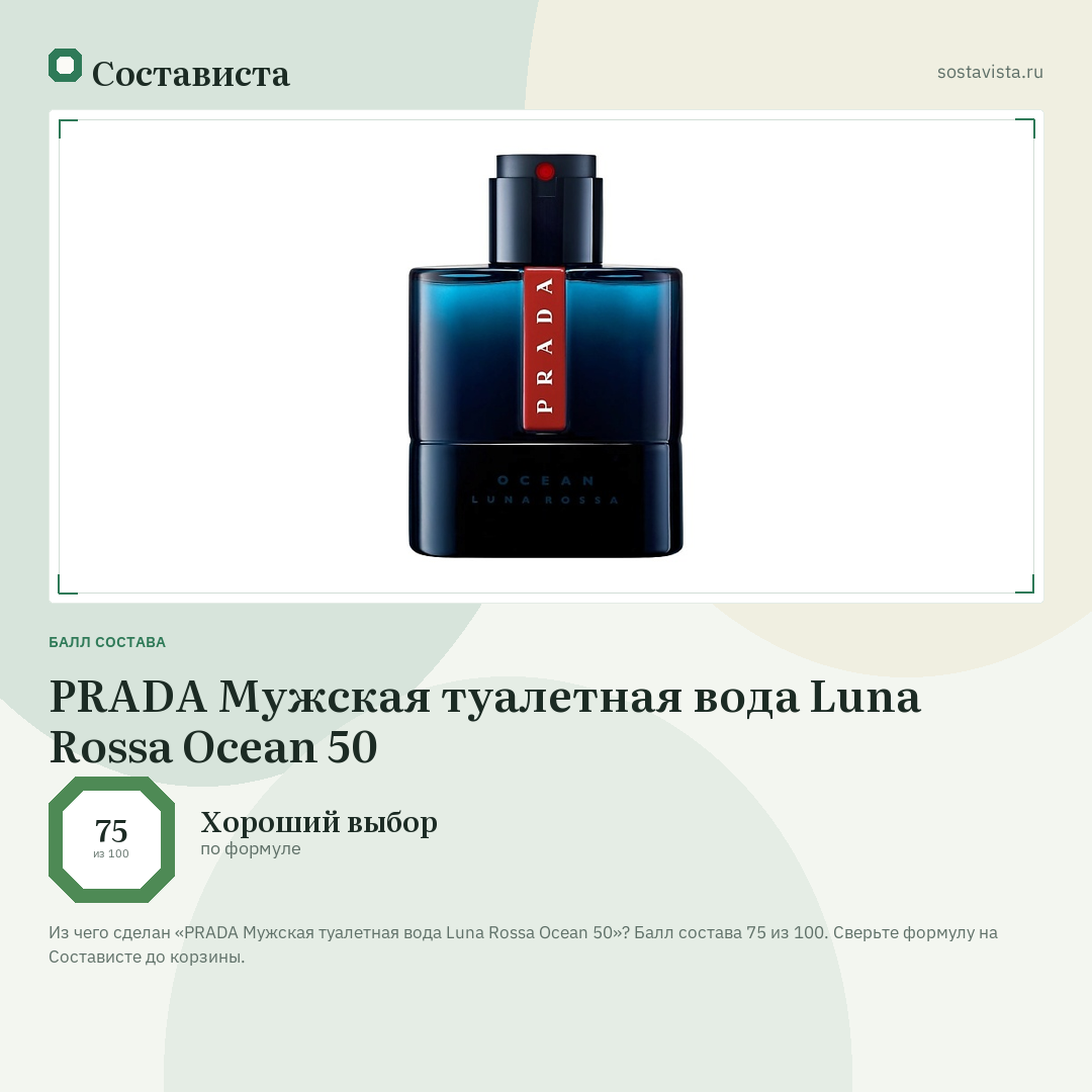 PRADA Мужская туалетная вода Luna Rossa Ocean 50: балл состава 75 из 100 — Состависта