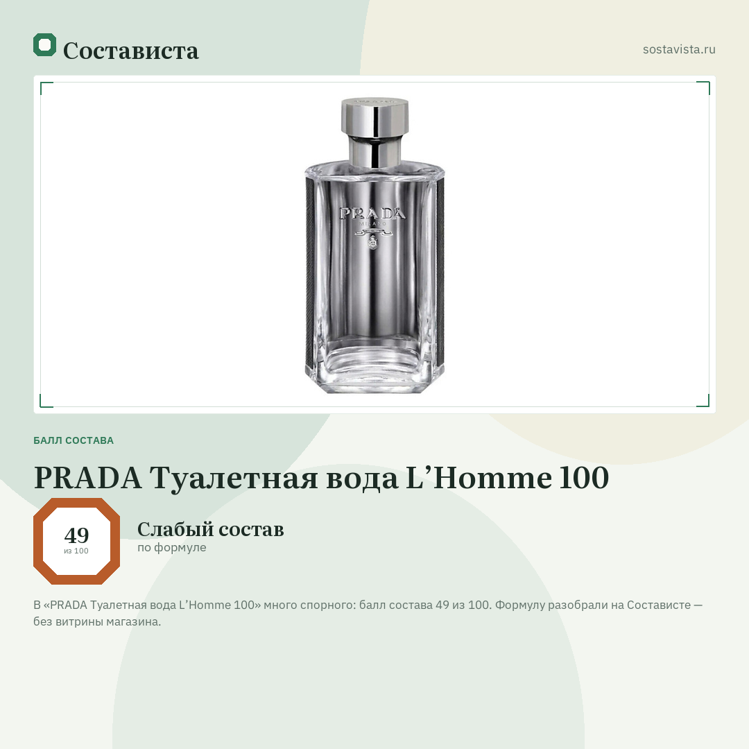 PRADA Туалетная вода L’Homme 100: балл состава 49 из 100 — Состависта