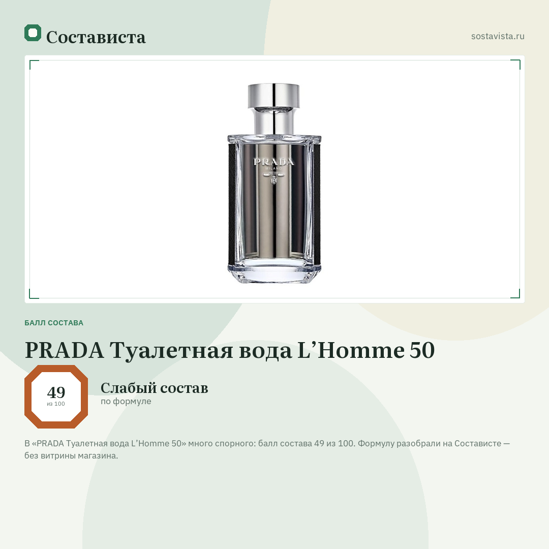 PRADA Туалетная вода L’Homme 50: балл состава 49 из 100 — Состависта