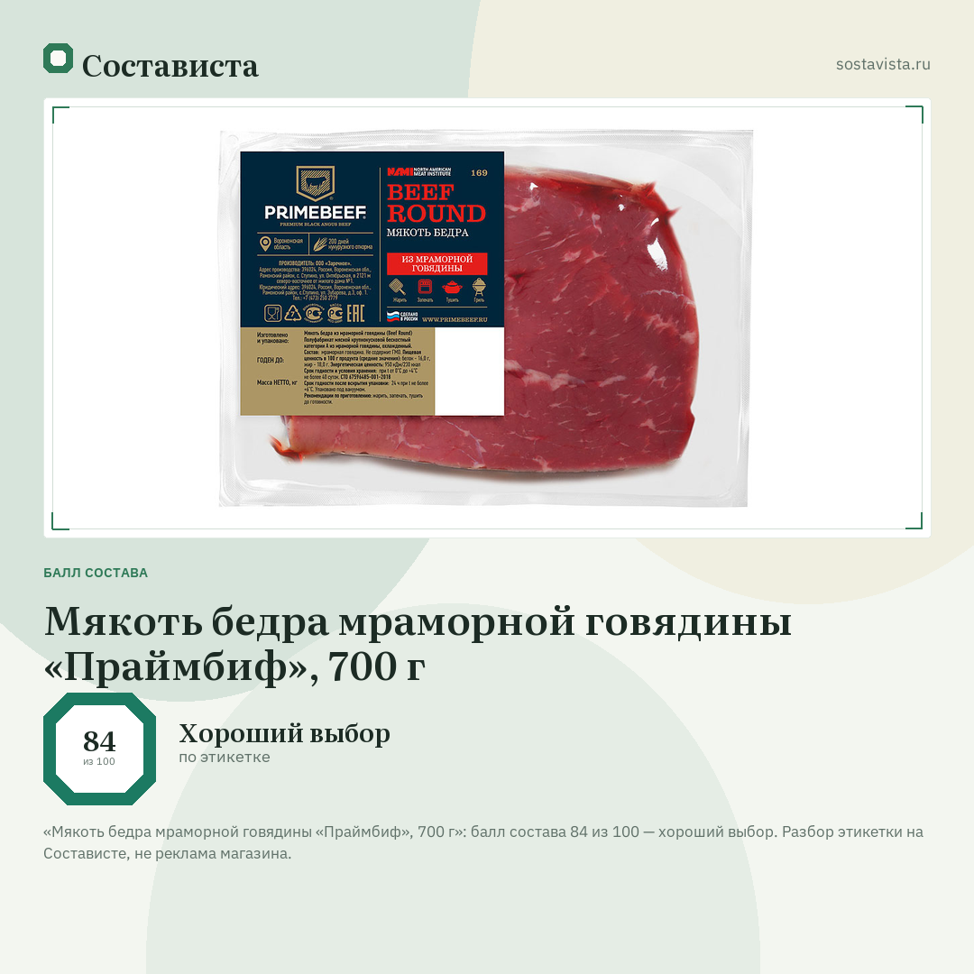 Мякоть бедра мраморной говядины «Праймбиф», 700 г: балл состава 84 из 100 — Состависта