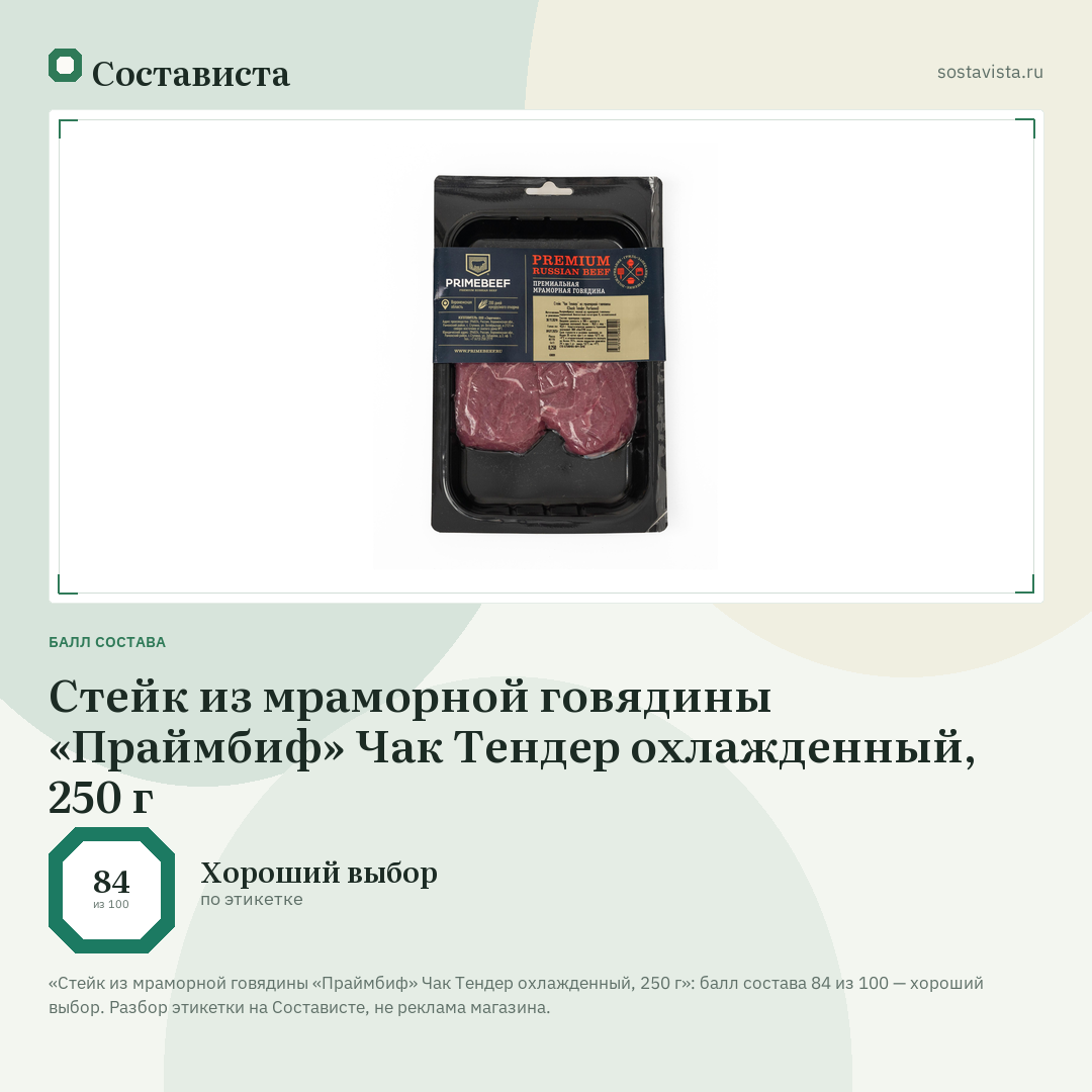 Стейк из мраморной говядины «Праймбиф» Чак Тендер охлажденный, 250 г: балл состава 84 из 100 — Состависта