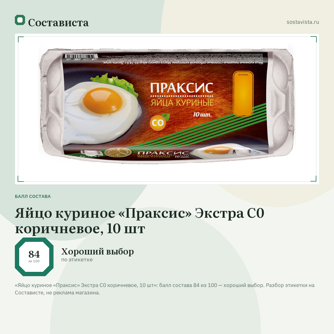 Яйцо куриное «Праксис» Экстра С0 коричневое, 10 шт: балл состава 84 из 100 — Состависта