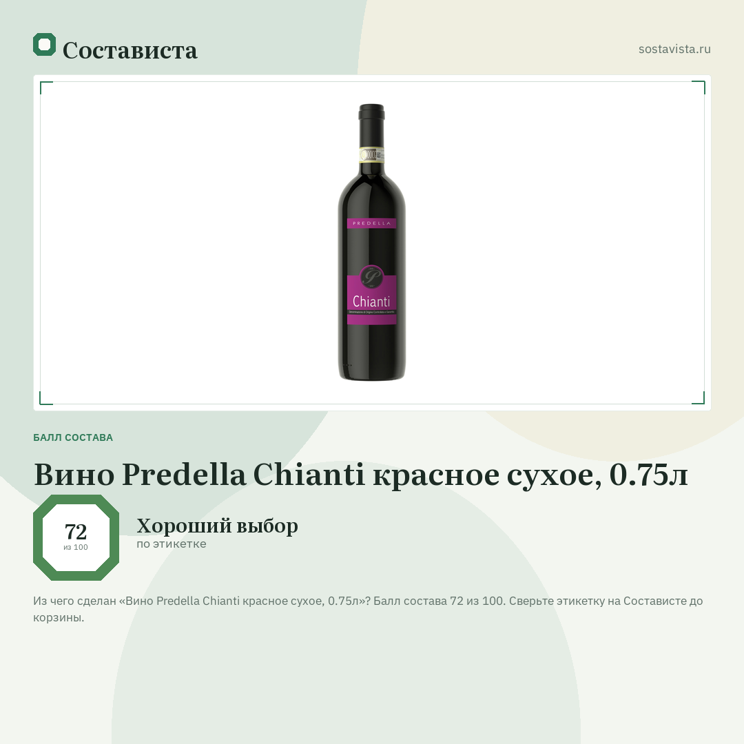 Вино Predella Chianti красное сухое, 0.75л: балл состава 72 из 100 — Состависта