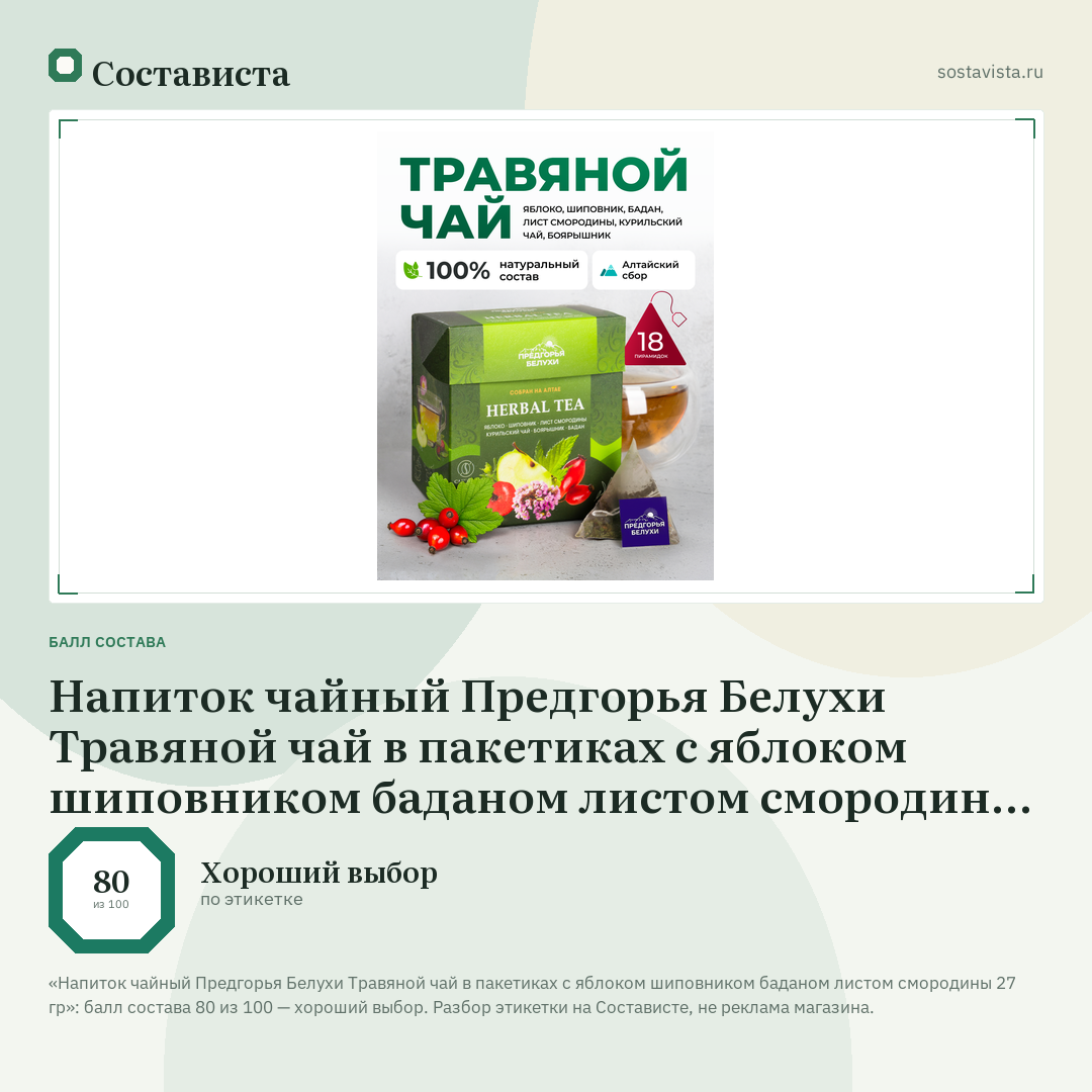 Напиток чайный Предгорья Белухи Травяной чай в пакетиках с яблоком шиповником баданом листом смородины 27 гр: балл состава 80 из 100 — Состависта