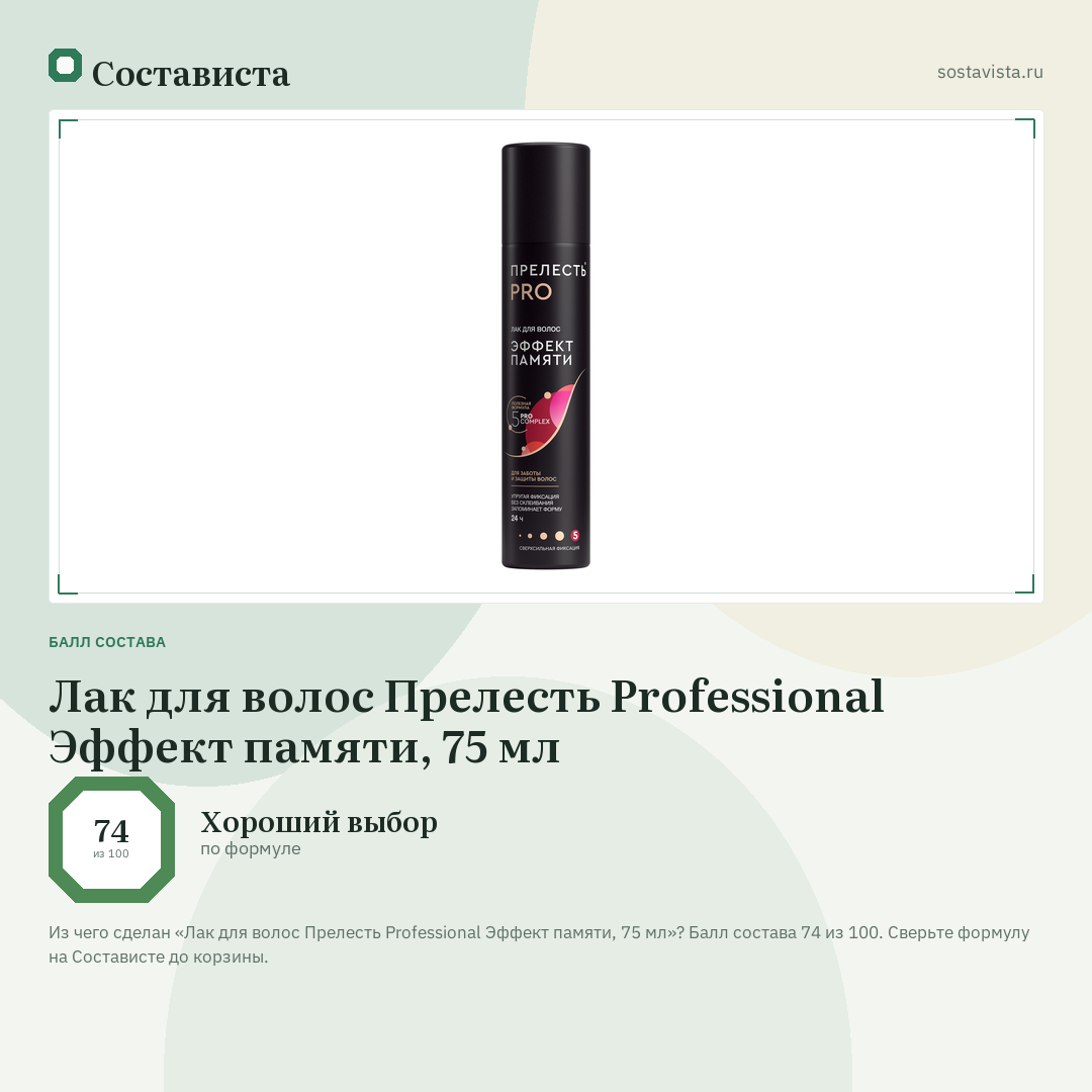Лак для волос Прелесть Professional Эффект памяти, 75 мл: балл состава 74 из 100 — Состависта