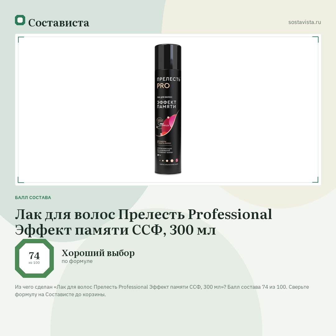 Лак для волос Прелесть Professional Эффект памяти ССФ, 300 мл: балл состава 74 из 100 — Состависта