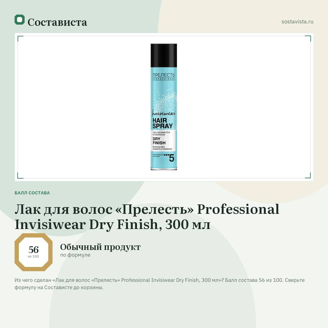 Лак для волос «Прелесть» Professional Invisiwear Dry Finish, 300 мл: балл состава 56 из 100 — Состависта