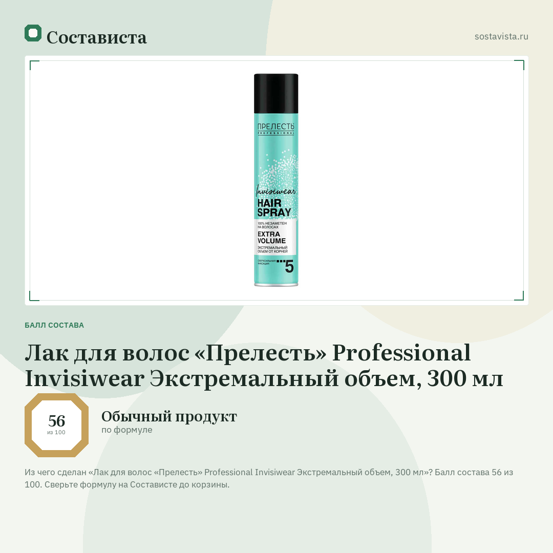 Лак для волос «Прелесть» Professional Invisiwear Экстремальный объем, 300 мл: балл состава 56 из 100 — Состависта