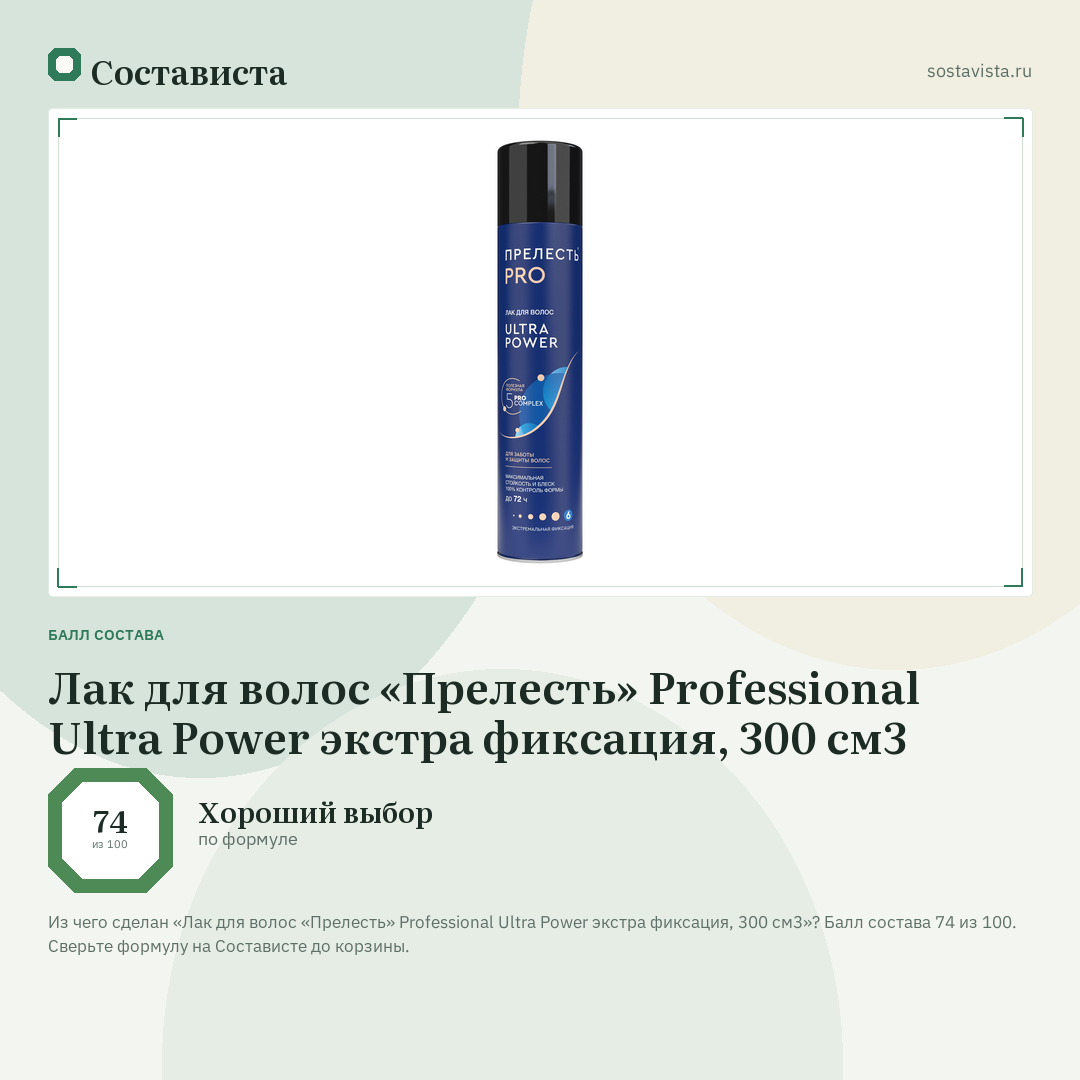 Лак для волос «Прелесть» Professional Ultra Power экстра фиксация, 300 см3: балл состава 74 из 100 — Состависта