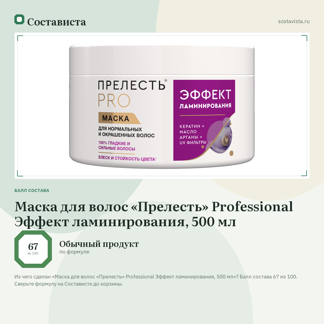 Маска для волос «Прелесть» Professional Эффект ламинирования, 500 мл: балл состава 67 из 100 — Состависта