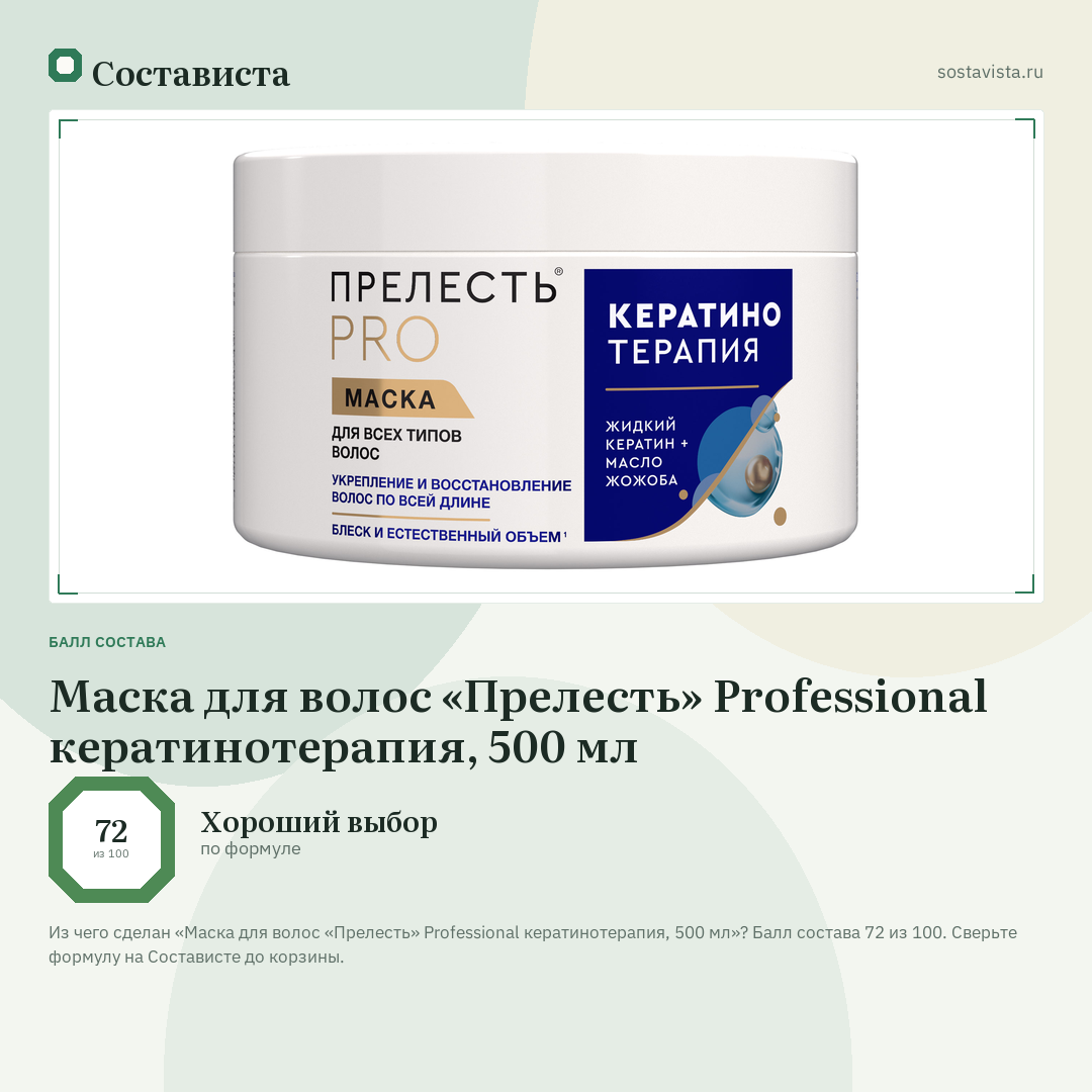 Маска для волос «Прелесть» Professional кератинотерапия, 500 мл: балл состава 72 из 100 — Состависта