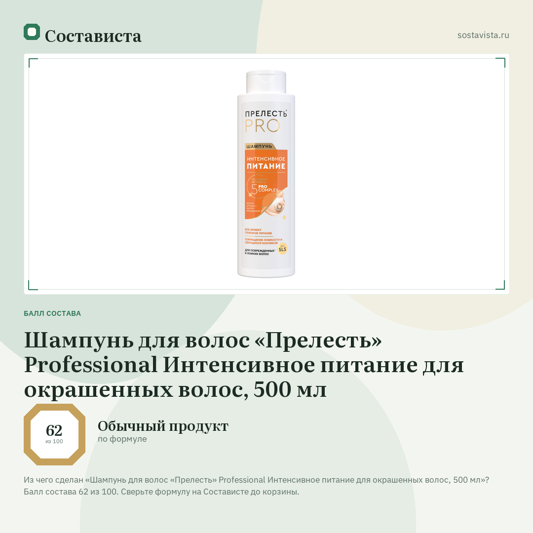 Шампунь для волос «Прелесть» Professional Интенсивное питание для окрашенных волос, 500 мл: балл состава 62 из 100 — Состависта