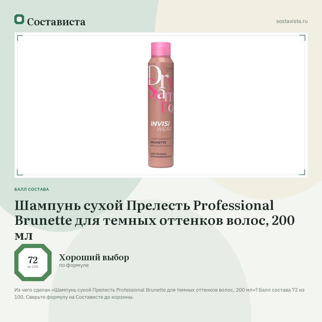 Шампунь сухой Прелесть Professional Brunette для темных оттенков волос, 200 мл: балл состава 72 из 100 — Состависта