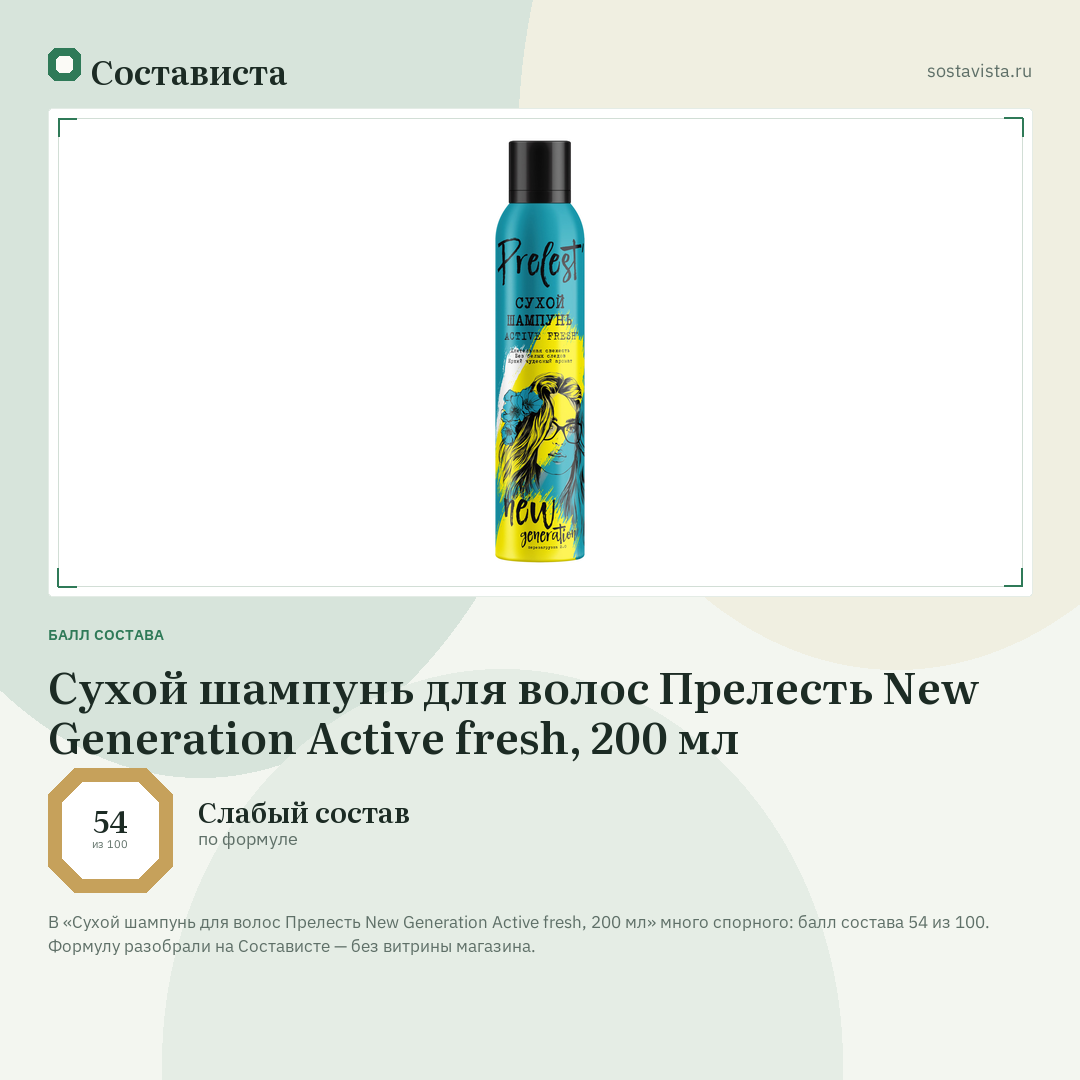Сухой шампунь для волос Прелесть New Generation Active fresh, 200 мл: балл состава 54 из 100 — Состависта