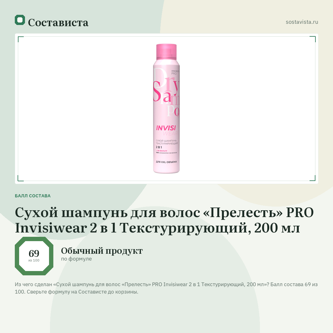 Сухой шампунь для волос «Прелесть» PRO Invisiwear 2 в 1 Текстурирующий, 200 мл: балл состава 69 из 100 — Состависта