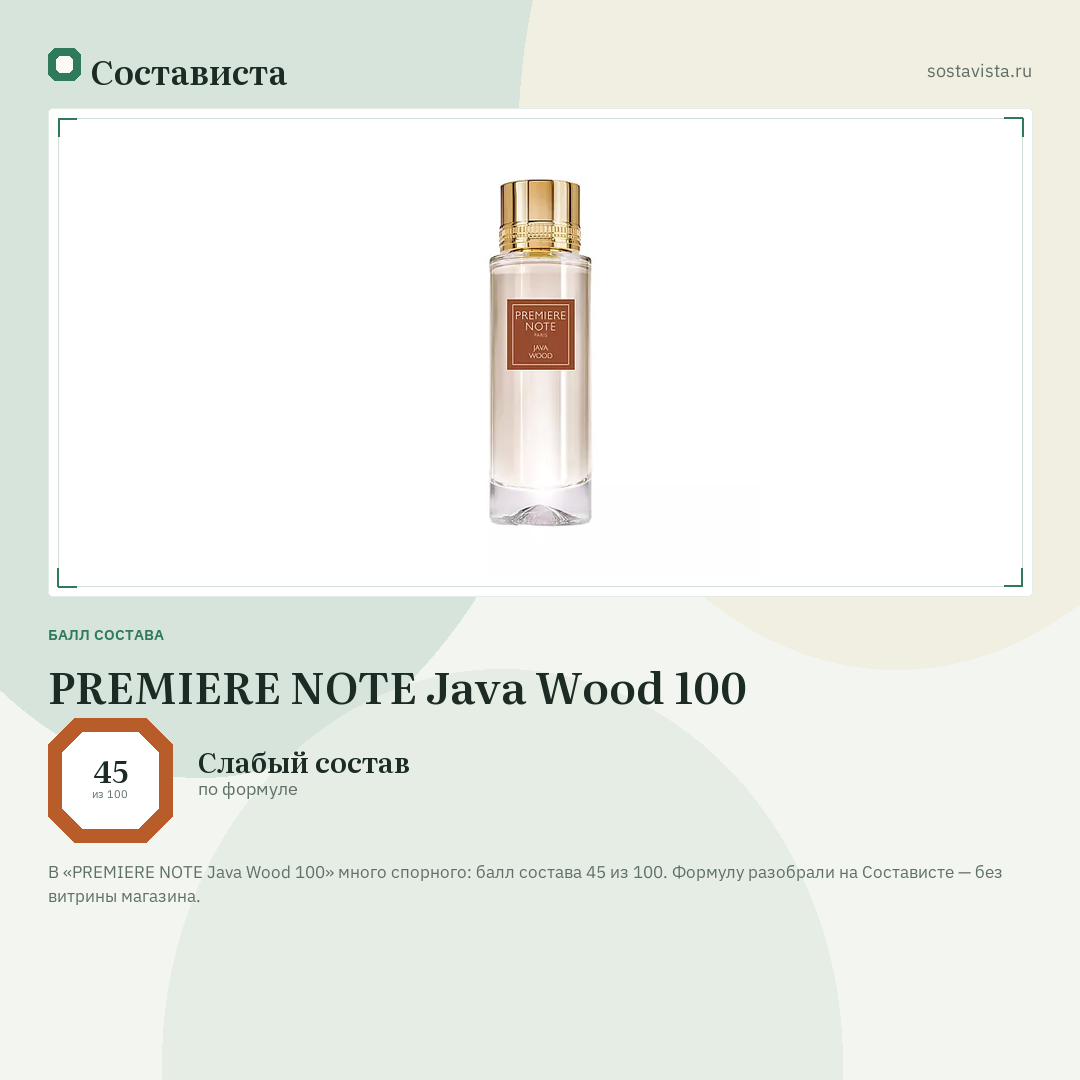 PREMIERE NOTE Java Wood 100: балл состава 45 из 100 — Состависта