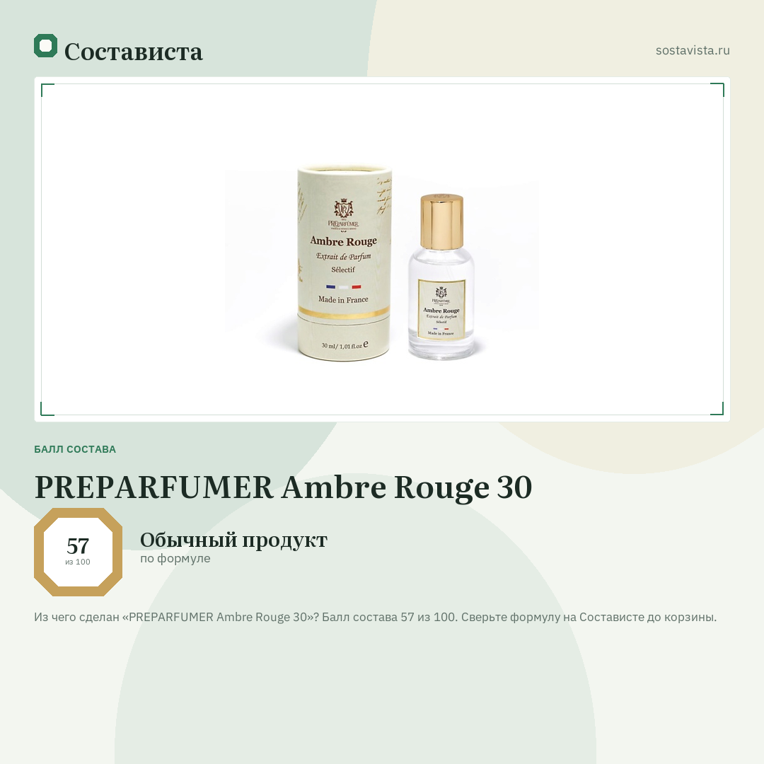 PREPARFUMER Аmbre Rouge 30: балл состава 57 из 100 — Состависта