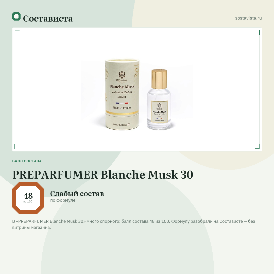 PREPARFUMER Blanche Musk 30: балл состава 48 из 100 — Состависта