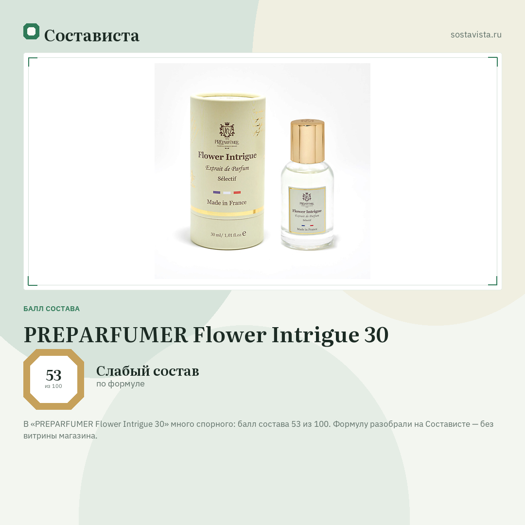 PREPARFUMER Flower Intrigue 30: балл состава 53 из 100 — Состависта
