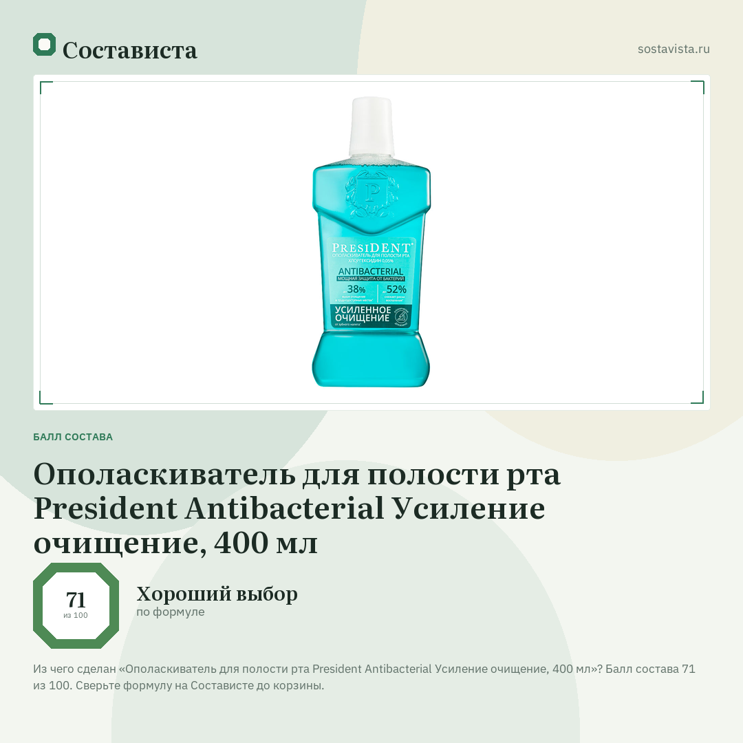 Ополаскиватель для полости рта President Antibacterial Усиление очищение, 400 мл: балл состава 71 из 100 — Состависта