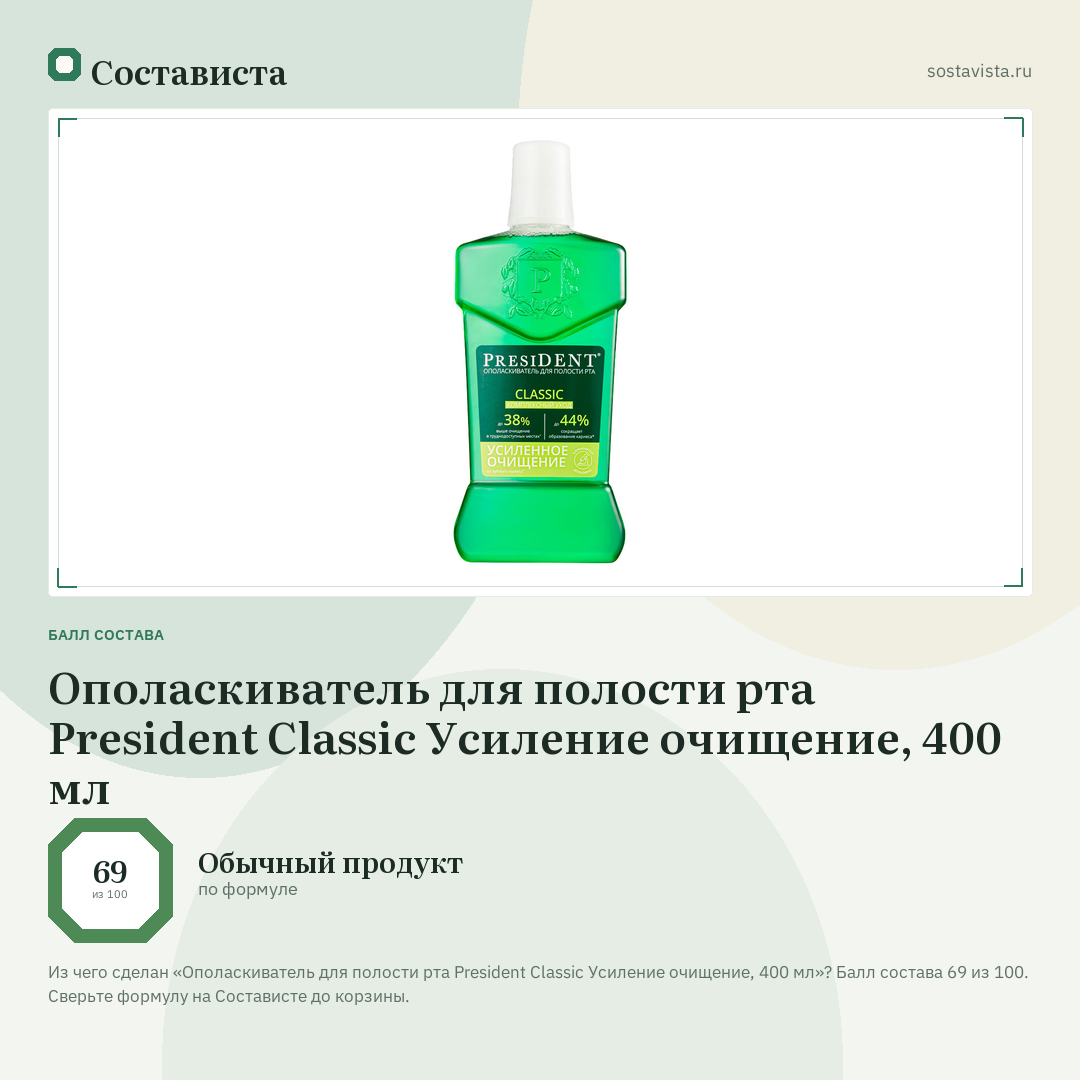 Ополаскиватель для полости рта President Classic Усиление очищение, 400 мл: балл состава 69 из 100 — Состависта