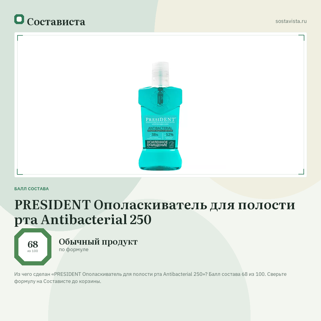 PRESIDENT Ополаскиватель для полости рта Antibacterial 250: балл состава 68 из 100 — Состависта