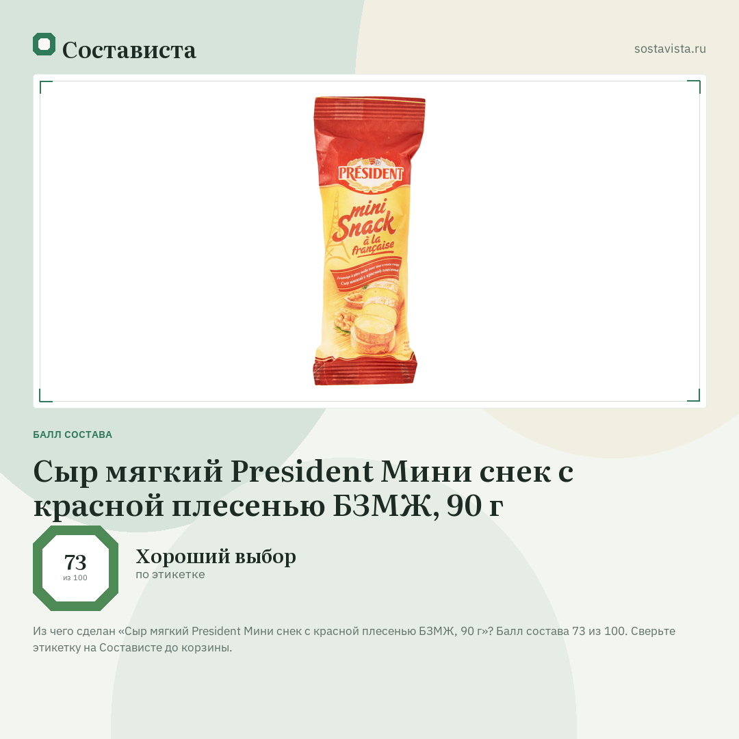 Сыр мягкий President Мини снек с красной плесенью БЗМЖ, 90 г: балл состава 73 из 100 — Состависта