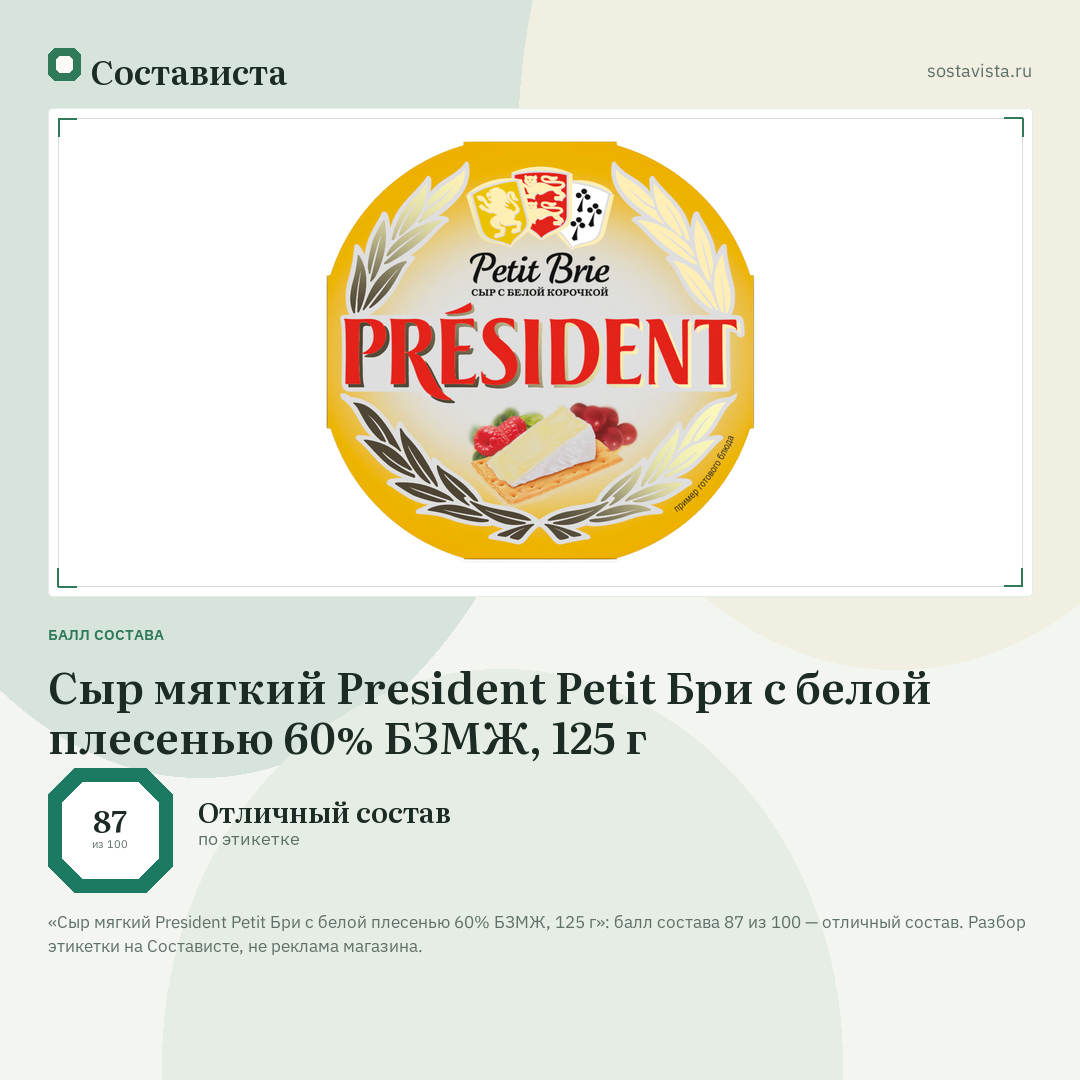 Сыр мягкий President Petit Бри с белой плесенью 60% БЗМЖ, 125 г: балл состава 87 из 100 — Состависта