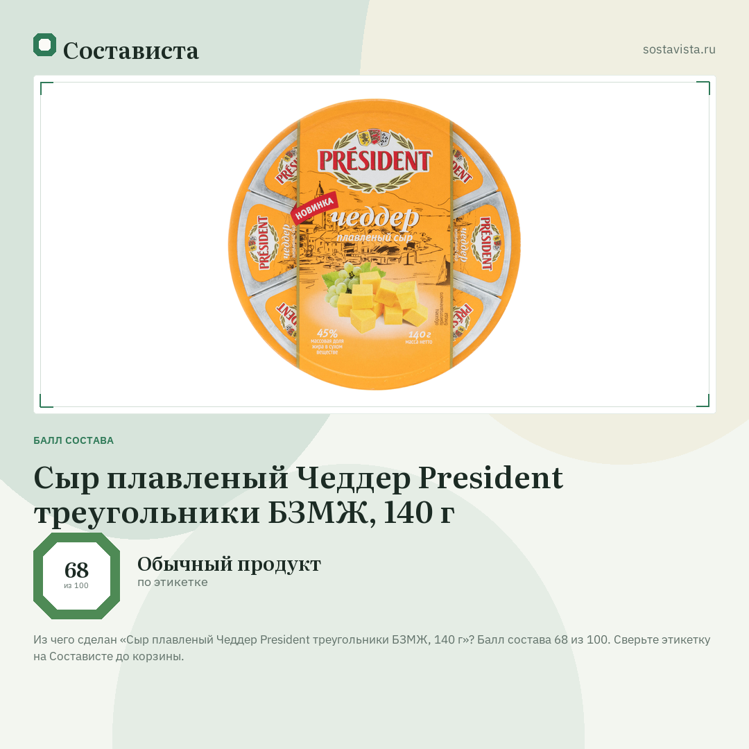 Сыр плавленый Чеддер President треугольники БЗМЖ, 140 г: балл состава 68 из 100 — Состависта