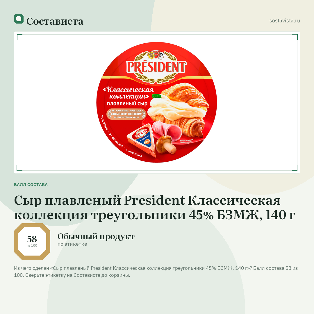 Сыр плавленый President Классическая коллекция треугольники 45% БЗМЖ, 140 г: балл состава 58 из 100 — Состависта