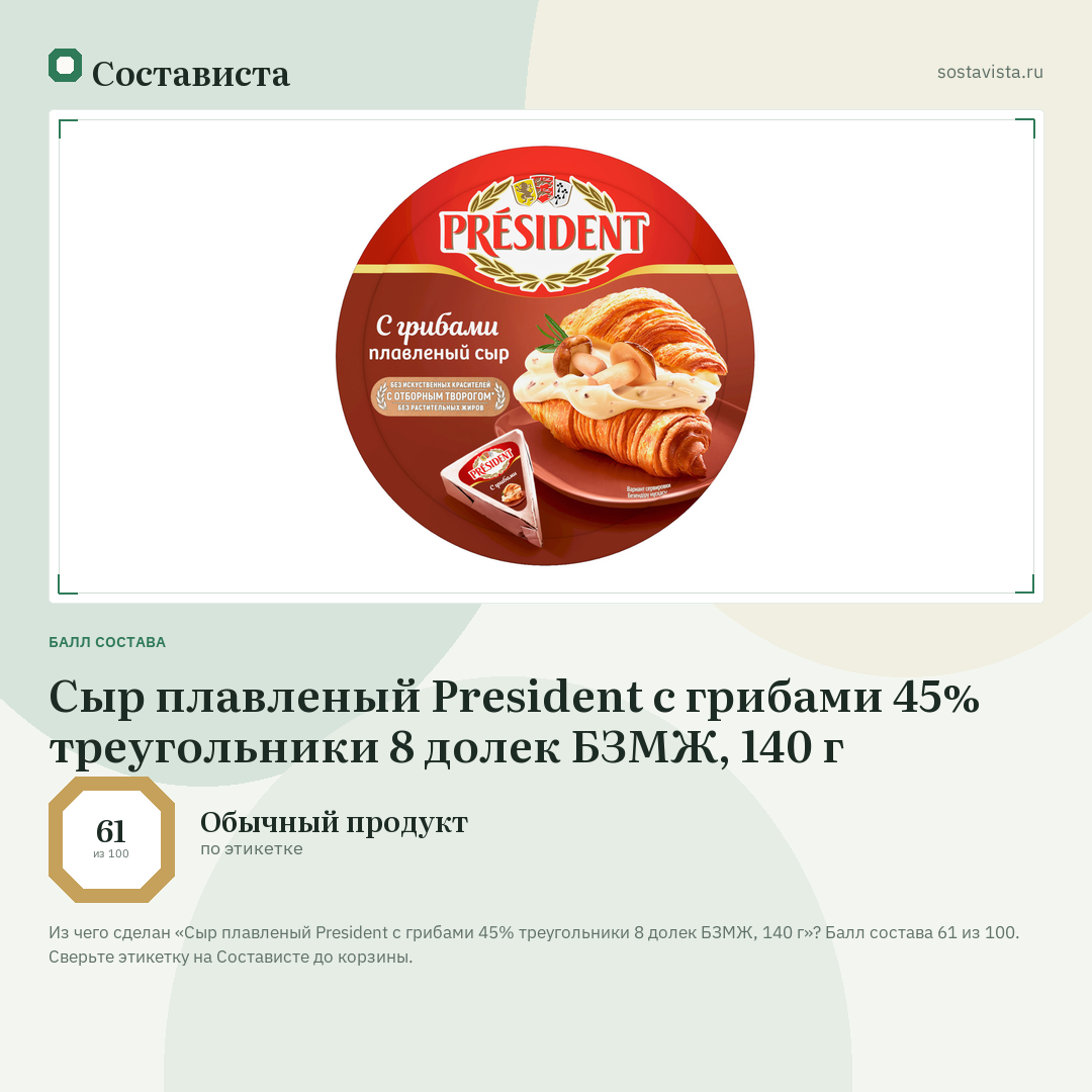 Сыр плавленый President с грибами 45% треугольники 8 долек БЗМЖ, 140 г: балл состава 61 из 100 — Состависта