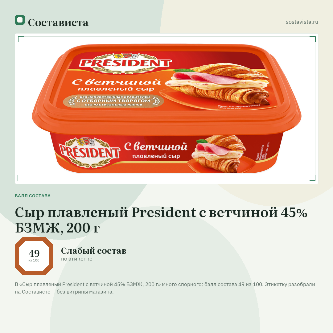 Сыр плавленый President с ветчиной 45% БЗМЖ, 200 г: балл состава 49 из 100 — Состависта