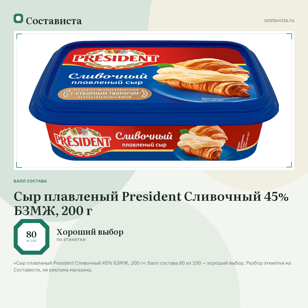 Сыр плавленый President Сливочный 45% БЗМЖ, 200 г: балл состава 80 из 100 — Состависта