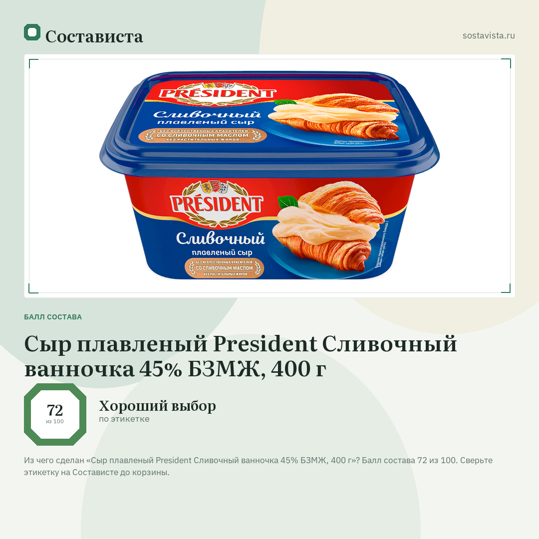 Сыр плавленый President Сливочный ванночка 45% БЗМЖ, 400 г: балл состава 72 из 100 — Состависта