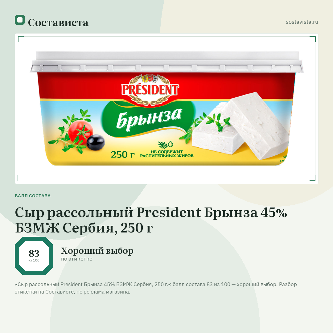 Сыр рассольный President Брынза 45% БЗМЖ Сербия, 250 г: балл состава 83 из 100 — Состависта