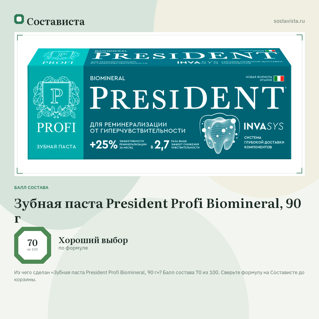Зубная паста President Profi Biomineral, 90 г: балл состава 70 из 100 — Состависта