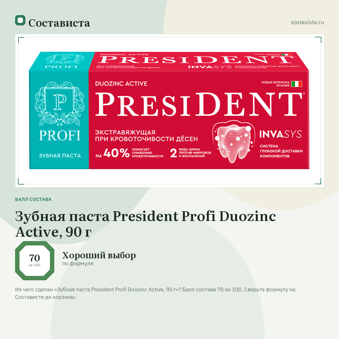 Зубная паста President Profi Duozinc Active, 90 г: балл состава 70 из 100 — Состависта